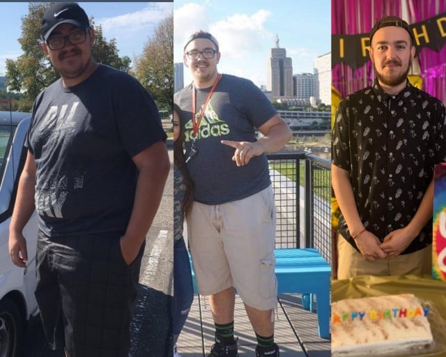 A progress pic of a 6'4" man showing a fat loss from 428 pounds to 209 pounds. A net loss of 219 pounds.