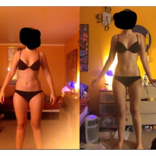 A before and after photo of a 5'8" female showing a weight reduction from 154 pounds to 134 pounds. A net loss of 20 pounds.