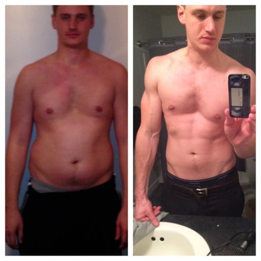 A before and after photo of a 6'5" male showing a weight reduction from 265 pounds to 205 pounds. A respectable loss of 60 pounds.