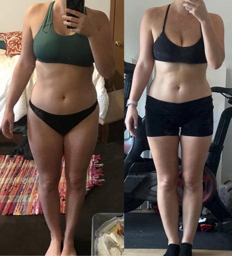 A progress pic of a 5'7" woman showing a fat loss from 163 pounds to 157 pounds. A total loss of 6 pounds.