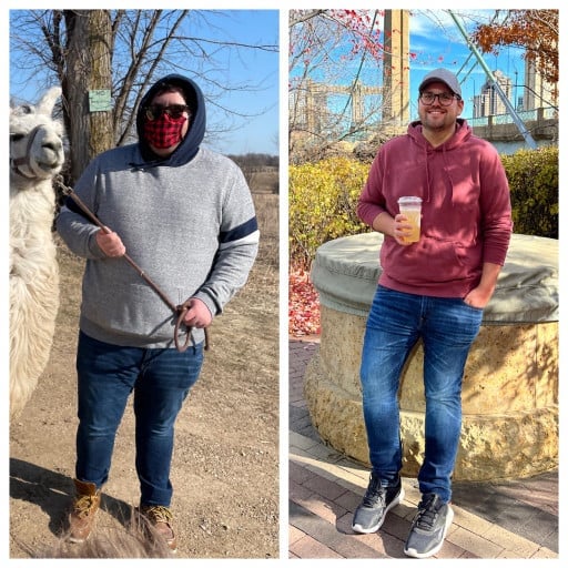 A before and after photo of a 6'2" male showing a weight reduction from 380 pounds to 290 pounds. A net loss of 90 pounds.