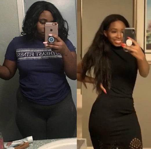 A progress pic of a 4'11" woman showing a fat loss from 207 pounds to 135 pounds. A net loss of 72 pounds.