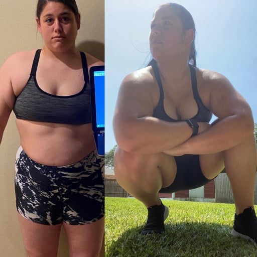 A before and after photo of a 5'8" female showing a weight reduction from 220 pounds to 180 pounds. A net loss of 40 pounds.