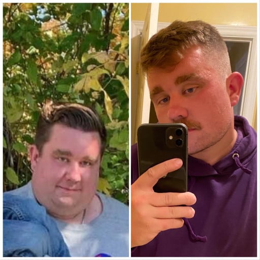A before and after photo of a 5'6" male showing a weight reduction from 285 pounds to 220 pounds. A respectable loss of 65 pounds.