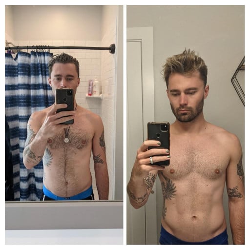 A before and after photo of a 5'10" male showing a weight reduction from 172 pounds to 155 pounds. A net loss of 17 pounds.