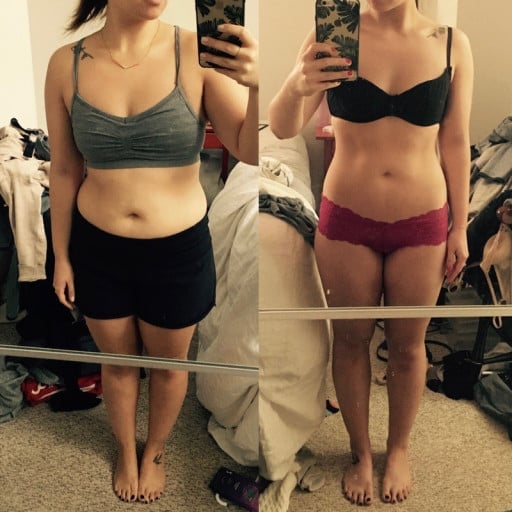 A photo of a 5'2" woman showing a weight cut from 138 pounds to 126 pounds. A total loss of 12 pounds.