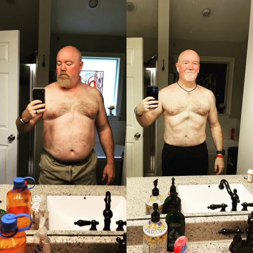 A picture of a 5'10" male showing a weight loss from 254 pounds to 193 pounds. A total loss of 61 pounds.