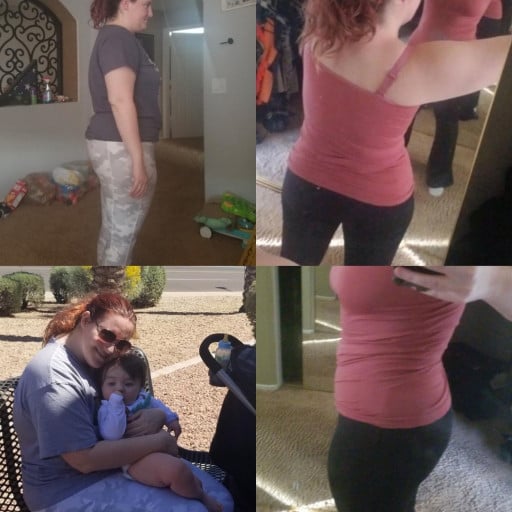 A picture of a 5'6" female showing a weight loss from 245 pounds to 122 pounds. A net loss of 123 pounds.
