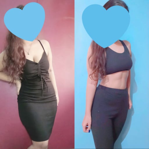 A before and after photo of a 5'0" female showing a weight reduction from 140 pounds to 120 pounds. A net loss of 20 pounds.