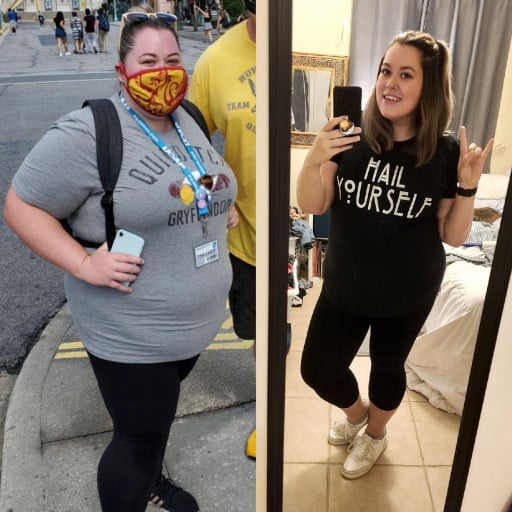 5 foot 4 Female Before and After 111 lbs Weight Loss 324 lbs to 213 lbs