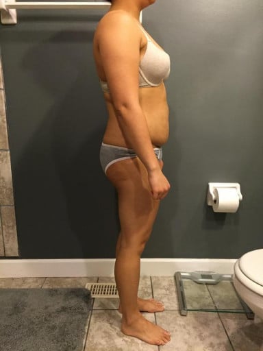 A before and after photo of a 5'1" female showing a snapshot of 131 pounds at a height of 5'1