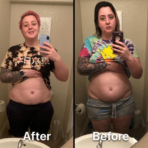 A before and after photo of a 5'9" female showing a weight reduction from 230 pounds to 214 pounds. A respectable loss of 16 pounds.