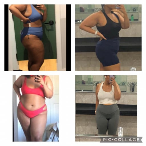 A progress pic of a 5'3" woman showing a fat loss from 215 pounds to 183 pounds. A respectable loss of 32 pounds.