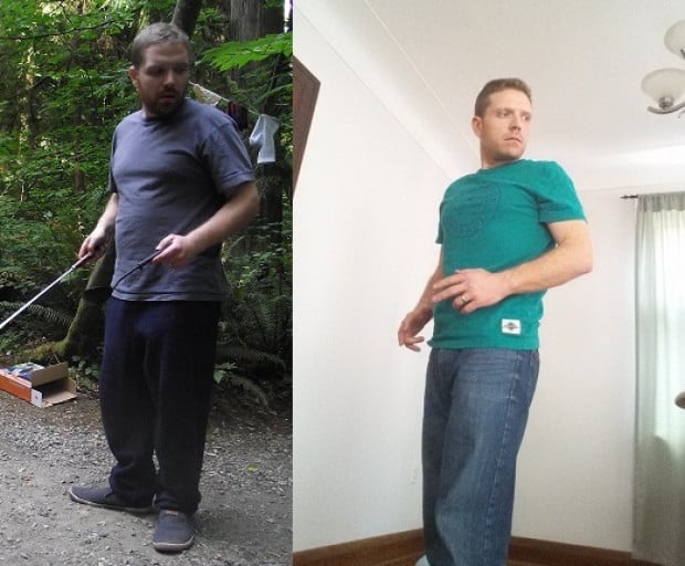 A picture of a 5'6" male showing a weight reduction from 197 pounds to 157 pounds. A respectable loss of 40 pounds.