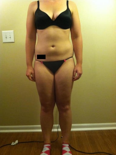 A before and after photo of a 5'4" female showing a snapshot of 147 pounds at a height of 5'4