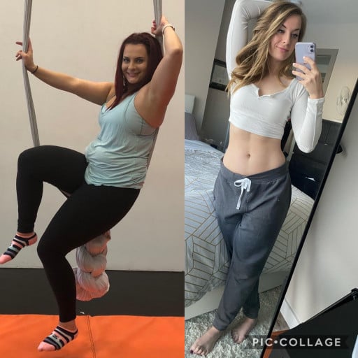 A before and after photo of a 5'7" female showing a weight reduction from 203 pounds to 143 pounds. A net loss of 60 pounds.