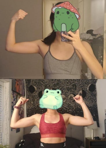 A before and after photo of a 5'1" female showing a muscle gain from 107 pounds to 110 pounds. A total gain of 3 pounds.