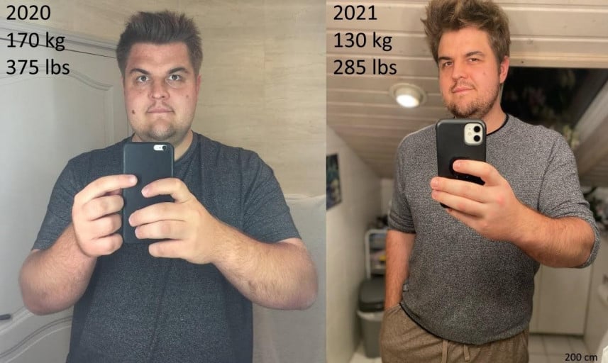 A before and after photo of a 6'6" male showing a weight reduction from 375 pounds to 285 pounds. A respectable loss of 90 pounds.
