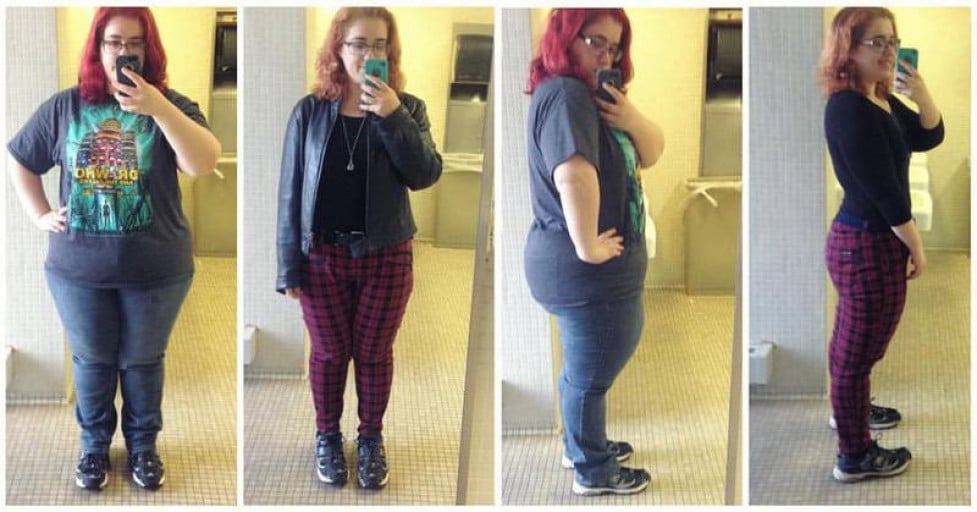 A picture of a 5'4" female showing a weight loss from 278 pounds to 178 pounds. A total loss of 100 pounds.