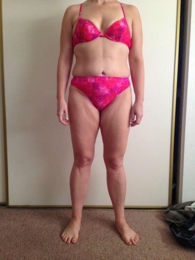 A photo of a 5'4" woman showing a snapshot of 145 pounds at a height of 5'4
