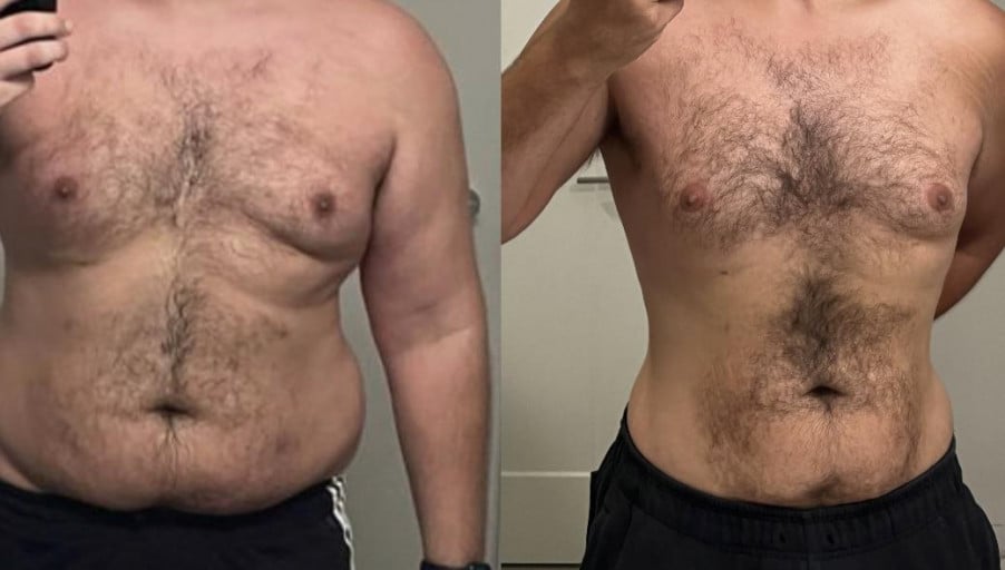 Before and After 63 lbs Fat Loss 5 foot 10 Male 252 lbs to 189 lbs