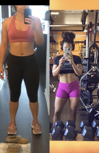 A photo of a 5'6" woman showing a weight cut from 180 pounds to 165 pounds. A total loss of 15 pounds.