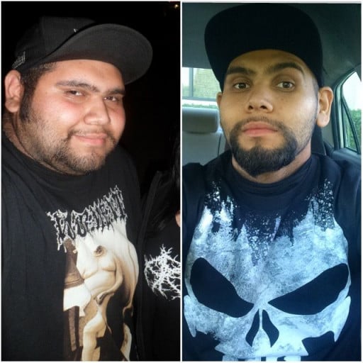 A picture of a 6'2" male showing a weight reduction from 345 pounds to 199 pounds. A total loss of 146 pounds.