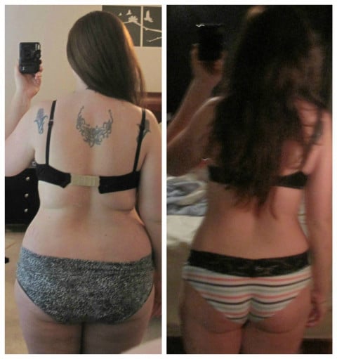 A progress pic of a 5'7" woman showing a weight cut from 220 pounds to 155 pounds. A total loss of 65 pounds.
