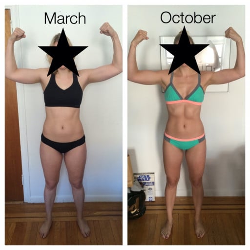 A photo of a 6'0" woman showing a weight cut from 178 pounds to 170 pounds. A total loss of 8 pounds.