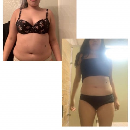 A progress pic of a 5'2" woman showing a fat loss from 146 pounds to 130 pounds. A total loss of 16 pounds.