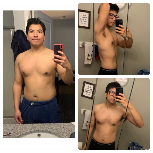 A before and after photo of a 5'8" male showing a weight reduction from 178 pounds to 162 pounds. A total loss of 16 pounds.