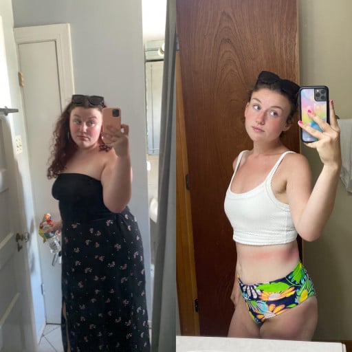 A progress pic of a 5'4" woman showing a fat loss from 240 pounds to 130 pounds. A total loss of 110 pounds.
