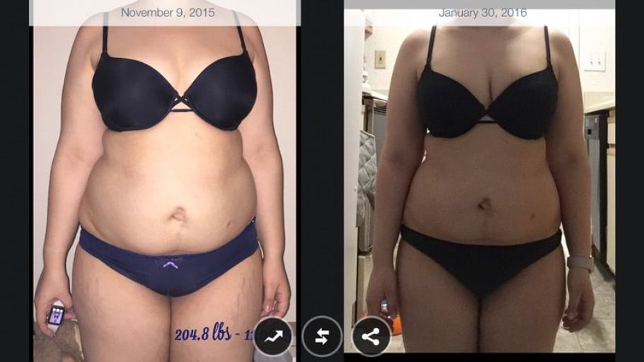 A progress pic of a 5'7" woman showing a weight reduction from 225 pounds to 186 pounds. A respectable loss of 39 pounds.