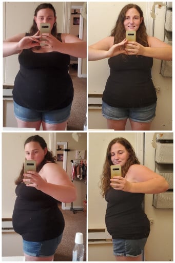 A progress pic of a 5'4" woman showing a fat loss from 265 pounds to 204 pounds. A respectable loss of 61 pounds.