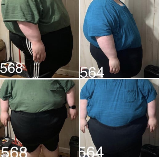 A picture of a 5'7" male showing a weight loss from 568 pounds to 564 pounds. A total loss of 4 pounds.