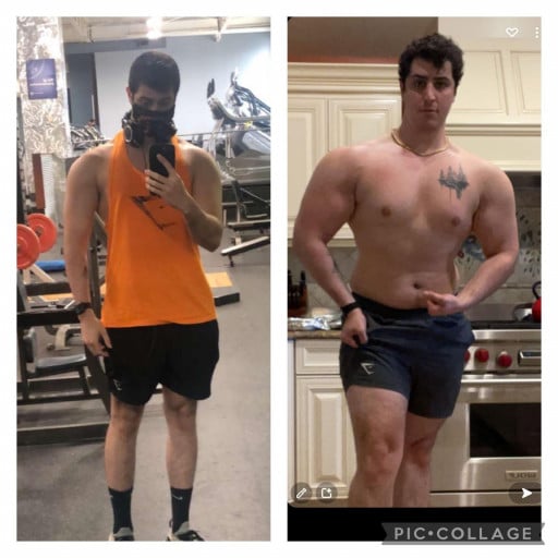 A before and after photo of a 6'2" male showing a weight bulk from 174 pounds to 245 pounds. A respectable gain of 71 pounds.