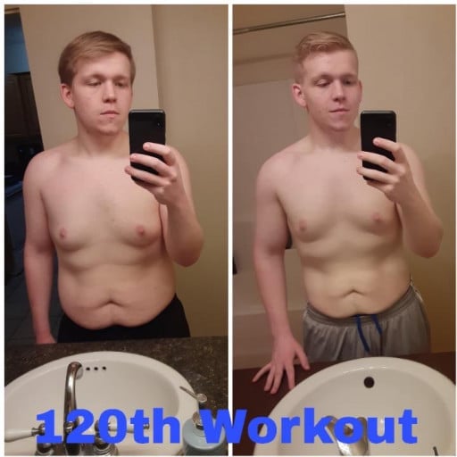 A before and after photo of a 5'9" male showing a weight reduction from 210 pounds to 195 pounds. A total loss of 15 pounds.