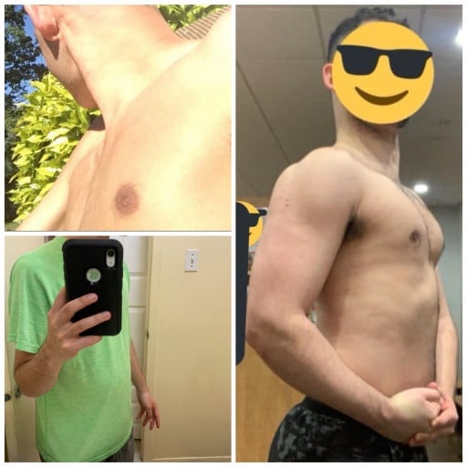 A before and after photo of a 5'8" male showing a muscle gain from 128 pounds to 159 pounds. A respectable gain of 31 pounds.