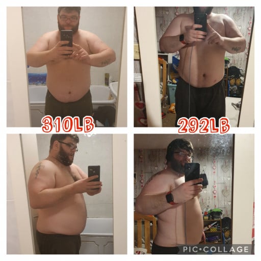 A picture of a 5'10" male showing a weight loss from 310 pounds to 292 pounds. A net loss of 18 pounds.