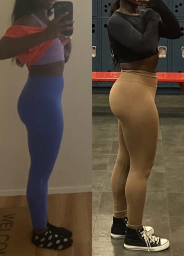 A before and after photo of a 5'1" female showing a weight bulk from 119 pounds to 136 pounds. A respectable gain of 17 pounds.