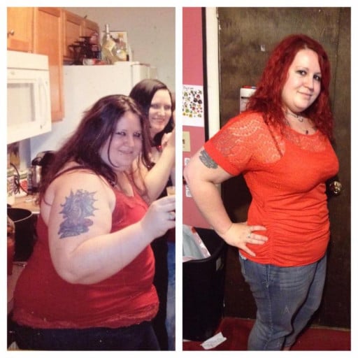 A progress pic of a 5'8" woman showing a fat loss from 356 pounds to 236 pounds. A net loss of 120 pounds.