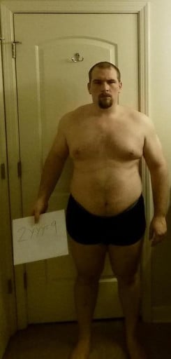 A before and after photo of a 5'9" male showing a snapshot of 280 pounds at a height of 5'9