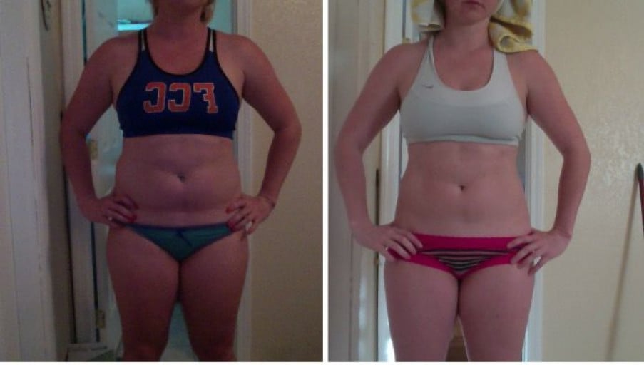 A picture of a 5'7" female showing a weight reduction from 189 pounds to 169 pounds. A net loss of 20 pounds.