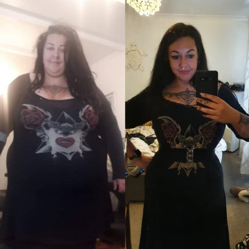 A progress pic of a 5'6" woman showing a fat loss from 388 pounds to 208 pounds. A total loss of 180 pounds.