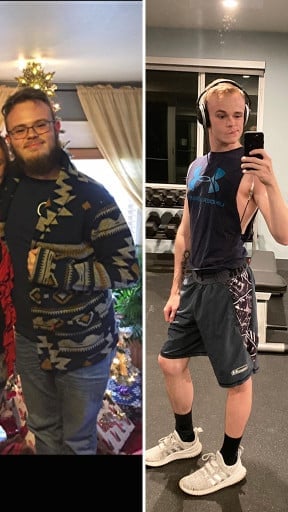 A progress pic of a 6'1" man showing a fat loss from 230 pounds to 140 pounds. A total loss of 90 pounds.