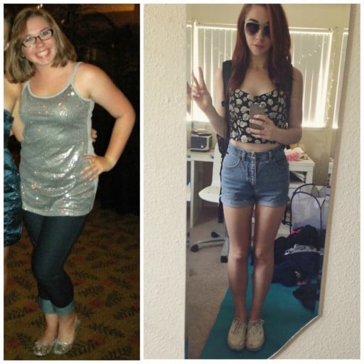 A progress pic of a 5'7" woman showing a fat loss from 172 pounds to 127 pounds. A respectable loss of 45 pounds.