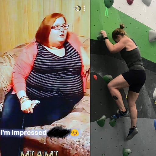 A before and after photo of a 5'3" female showing a weight reduction from 322 pounds to 132 pounds. A total loss of 190 pounds.