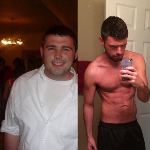 A photo of a 6'0" man showing a weight cut from 230 pounds to 160 pounds. A respectable loss of 70 pounds.