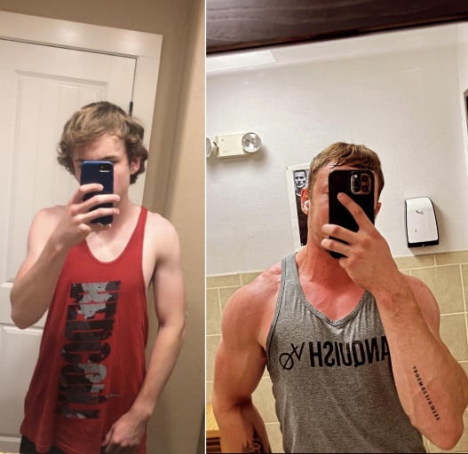 A progress pic of a 5'11" man showing a weight bulk from 125 pounds to 176 pounds. A respectable gain of 51 pounds.