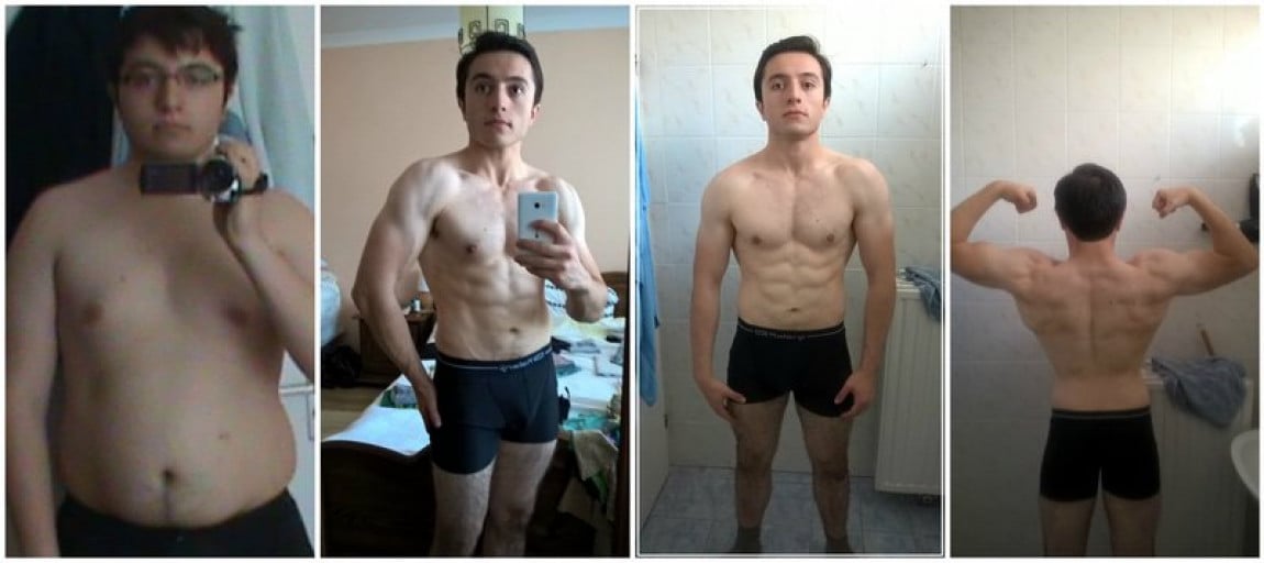 A progress pic of a 5'10" man showing a fat loss from 230 pounds to 165 pounds. A respectable loss of 65 pounds.